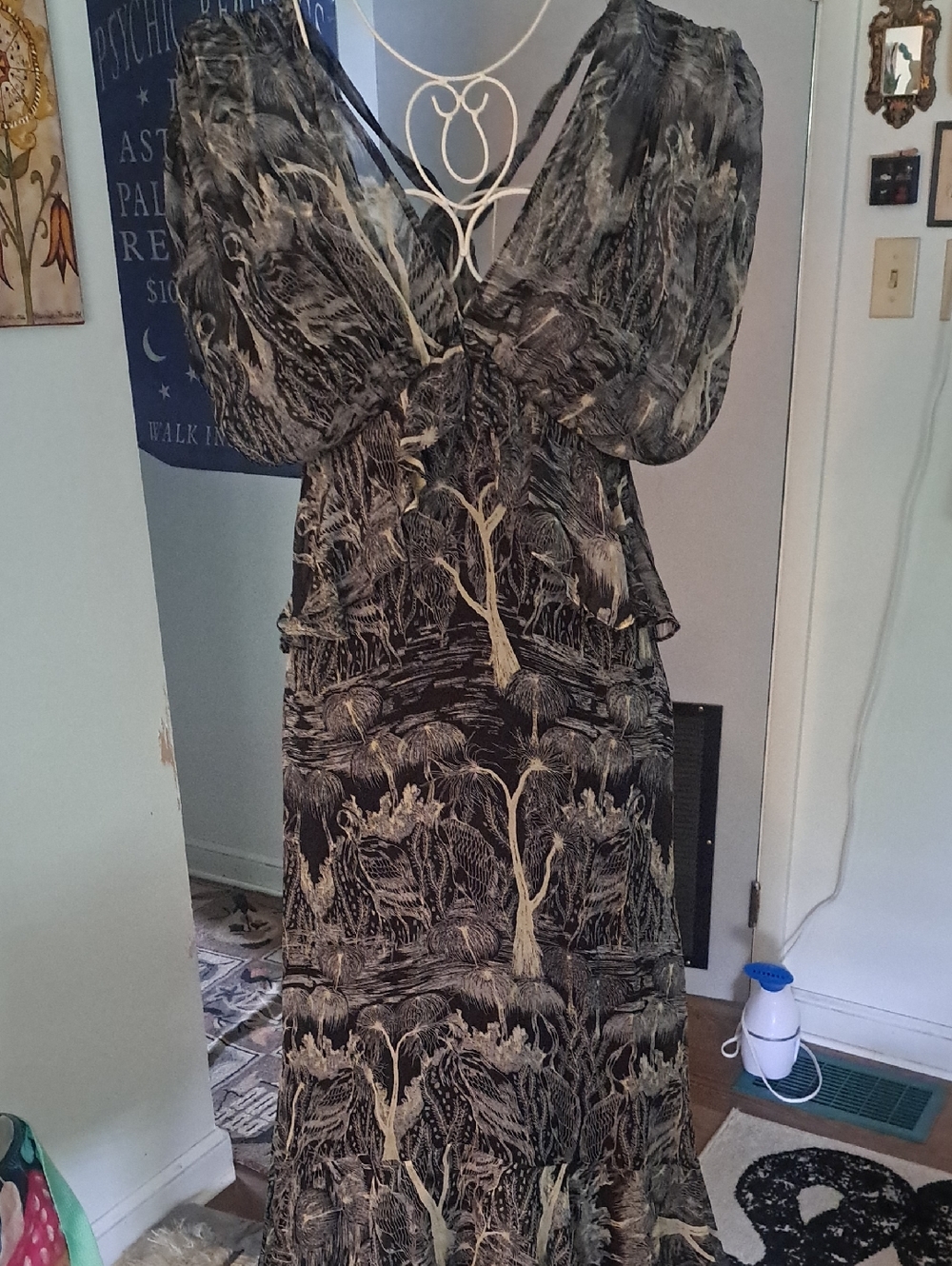 Unique Tracy Reese Black and Cream Tree Print Silk Ruffled High Low Dress, S